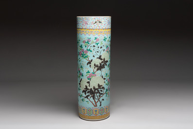 A massive Chinese famille rose turquoise-ground cylindrical vase with floral design, 19th C.
