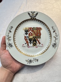 A Chinese armorial plate with the arms of Bouverie quartering Urry and Clarke impaling Pleydell for the English market, Qianlong, ca. 1748