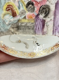 A pair of rare Chinese rose-grisaille cups and saucers after 'Actors of the Com&eacute;die-Fran&ccedil;aise' by Watteau, Yongzheng/Qianlong