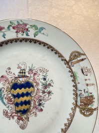 A pair of Chinese famille rose armorial soup plates with the arms of Longden for the English market, Qianlong, ca. 1748