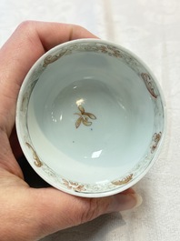 A pair of rare Chinese rose-grisaille cups and saucers after 'Actors of the Com&eacute;die-Fran&ccedil;aise' by Watteau, Yongzheng/Qianlong