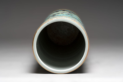 A massive Chinese famille rose turquoise-ground cylindrical vase with floral design, 19th C.