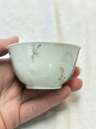 A pair of rare Chinese rose-grisaille cups and saucers after 'Actors of the Com&eacute;die-Fran&ccedil;aise' by Watteau, Yongzheng/Qianlong