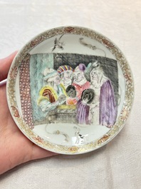 A pair of rare Chinese rose-grisaille cups and saucers after 'Actors of the Com&eacute;die-Fran&ccedil;aise' by Watteau, Yongzheng/Qianlong