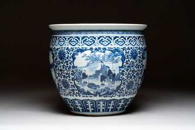 A Chinese blue and white fish bowl with narrative design, 19th C.