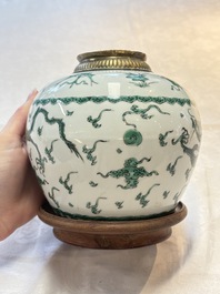 A Chinese green-enamelled 'dragon' jar mounted as a lamp, 18/19th C.