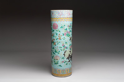 A massive Chinese famille rose turquoise-ground cylindrical vase with floral design, 19th C.