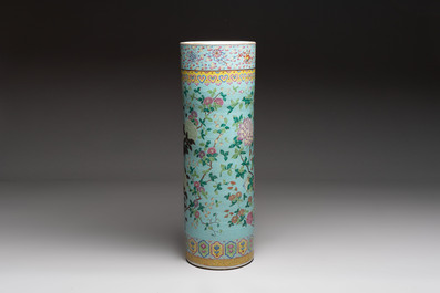 A massive Chinese famille rose turquoise-ground cylindrical vase with floral design, 19th C.
