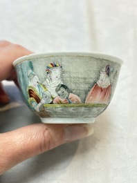 A pair of rare Chinese rose-grisaille cups and saucers after 'Actors of the Com&eacute;die-Fran&ccedil;aise' by Watteau, Yongzheng/Qianlong