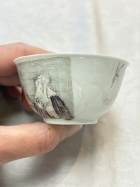 A pair of rare Chinese rose-grisaille cups and saucers after 'Actors of the Com&eacute;die-Fran&ccedil;aise' by Watteau, Yongzheng/Qianlong
