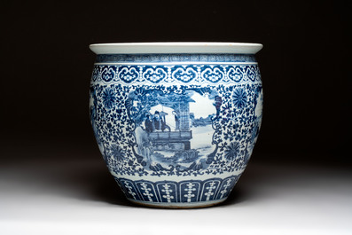 A Chinese blue and white fish bowl with narrative design, 19th C.