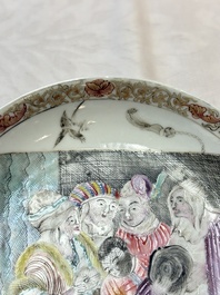 A pair of rare Chinese rose-grisaille cups and saucers after 'Actors of the Com&eacute;die-Fran&ccedil;aise' by Watteau, Yongzheng/Qianlong