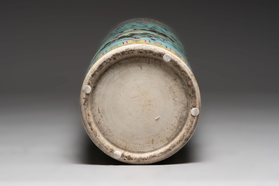 A massive Chinese famille rose turquoise-ground cylindrical vase with floral design, 19th C.