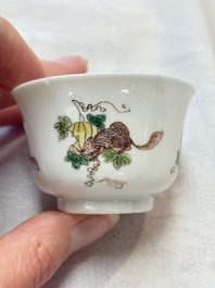 A pair of Chinese famille verte 'squirrels and melons' cups, Chenghua mark, Kangxi