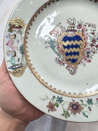 A pair of Chinese famille rose armorial soup plates with the arms of Longden for the English market, Qianlong, ca. 1748