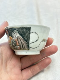 A pair of rare Chinese rose-grisaille cups and saucers after 'Actors of the Com&eacute;die-Fran&ccedil;aise' by Watteau, Yongzheng/Qianlong