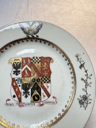 A Chinese armorial plate with the arms of Bouverie quartering Urry and Clarke impaling Pleydell for the English market, Qianlong, ca. 1748