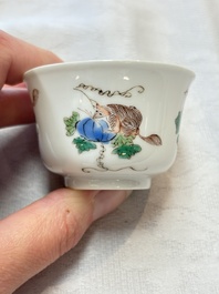 A pair of Chinese famille verte 'squirrels and melons' cups, Chenghua mark, Kangxi