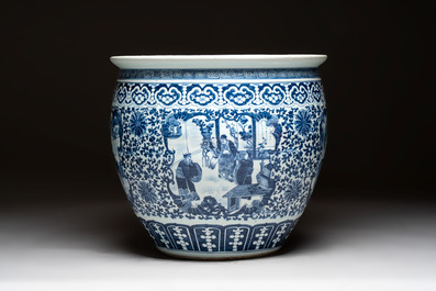 A Chinese blue and white fish bowl with narrative design, 19th C.