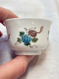 A pair of Chinese famille verte 'squirrels and melons' cups, Chenghua mark, Kangxi