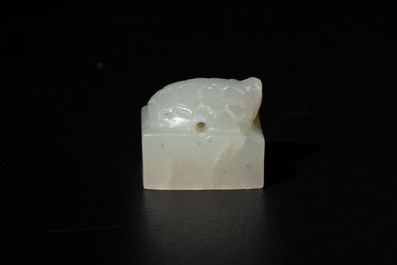 A rare and small Chinese white jade 'tortoise' seal with an original seal-form bronze box, Changsha Taishou 長沙太守 and Feng Gao 封告 mark, Song or ealier