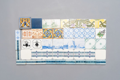 79 various blue, white, manganese and polychrome European tiles, 18/20th C.
