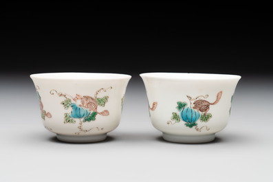 A pair of Chinese famille verte 'squirrels and melons' cups, Chenghua mark, Kangxi