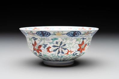 A Chinese doucai 'flower scroll' bowl, Yongzheng mark, 19/20th C.