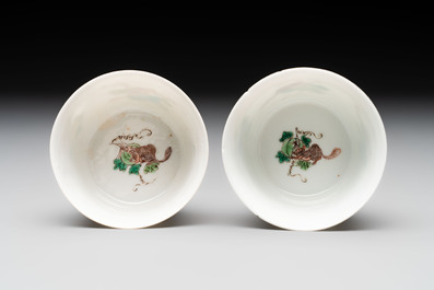 A pair of Chinese famille verte 'squirrels and melons' cups, Chenghua mark, Kangxi