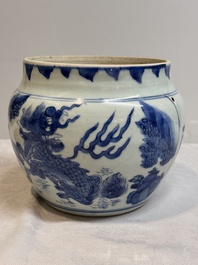 A Chinese blue and white 'qilin' jar and wooden cover, Transitional period