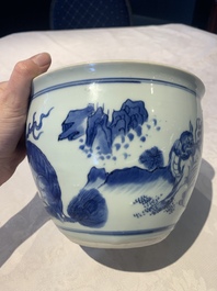 A Chinese blue and white 'Buddhist lion and elephant' scroll jar or jardini&egrave;re, Transitional period
