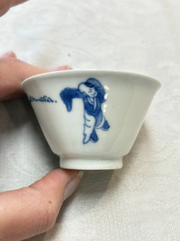 Five Chinese blue and white 'elegant beauty and boy' cups and saucers, Chenghua mark, Kangxi