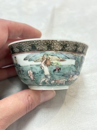 A fine Chinese famille rose 'apple pickers' cup and saucer, Yongzheng