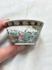 A fine Chinese famille rose 'apple pickers' cup and saucer, Yongzheng