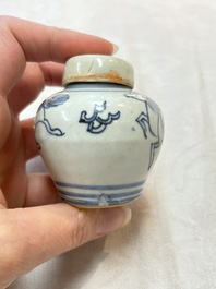 A pair of Chinese white-glazed vases and a pair of blue and white covered jars, Wanli mark and of the period