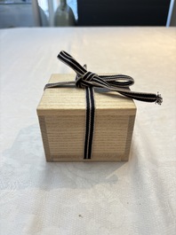 A small Chinese blue-glazed 'jun' tea cup with a wooden box, Song/Yuan