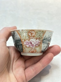 A Chinese gilt-decorated grisaille semi-erotic 'European subject' cup and saucer, Qianlong, ca. 1755
