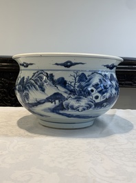 A Chinese blue and white 'riverscape' censer, 18th C.