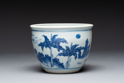 A Chinese blue and white 'Buddhist lion and elephant' scroll jar or jardini&egrave;re, Transitional period