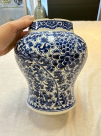 A Chinese blue and white vase, a jar and a covered box, Kangxi