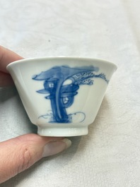 Five Chinese blue and white 'elegant beauty and boy' cups and saucers, Chenghua mark, Kangxi