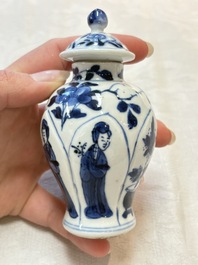 Four Chinese blue and white miniature vases, one with cover, Kangxi