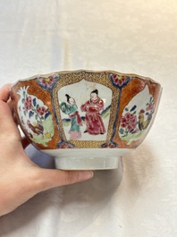 A pair of Chinese famille rose bowls with figures and roosters, Yongzheng/Qianlong