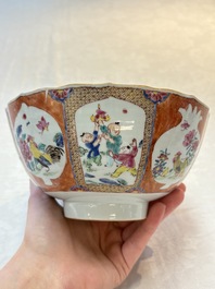 A pair of Chinese famille rose bowls with figures and roosters, Yongzheng/Qianlong