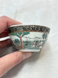 A fine Chinese famille rose 'apple pickers' cup and saucer, Yongzheng
