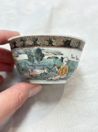 A fine Chinese famille rose 'apple pickers' cup and saucer, Yongzheng