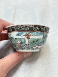 A fine Chinese famille rose 'apple pickers' cup and saucer, Yongzheng