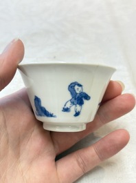 Five Chinese blue and white 'elegant beauty and boy' cups and saucers, Chenghua mark, Kangxi