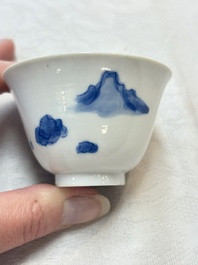 Five Chinese blue and white 'elegant beauty and boy' cups and saucers, Chenghua mark, Kangxi