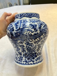 A Chinese blue and white vase, a jar and a covered box, Kangxi